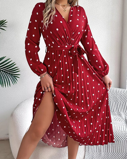 Front Tie Polka Dot Midi Pleated Dress