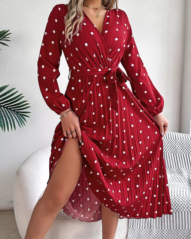 Front Tie Polka Dot Midi Pleated Dress