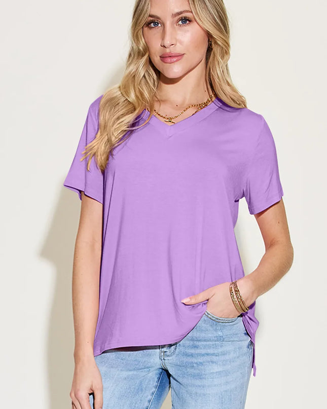 Basic Bae Bamboo Full Size V-Neck High-Low T-Shirt Lavender