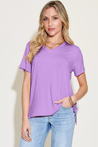 Basic Bae Bamboo Full Size V-Neck High-Low T-Shirt Lavender