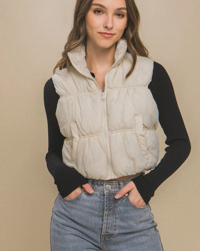 Love Tree Zip Up Turtleneck Cropped Vest Coat Cream