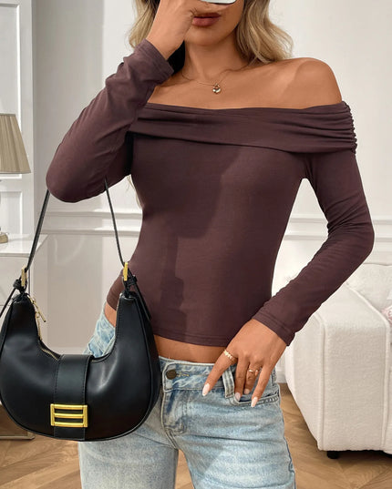 Off-Shoulder Long Sleeve Fitted T-Shirt