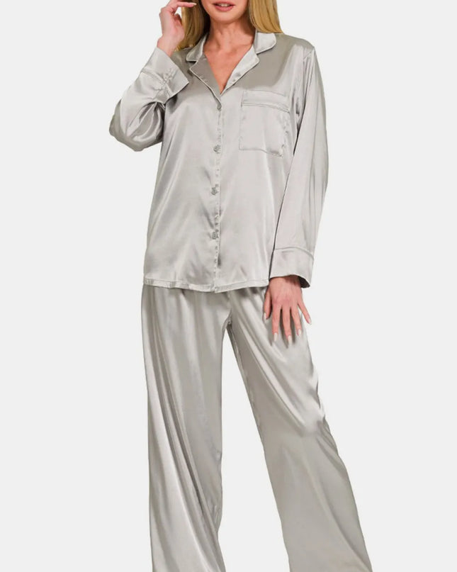 Zenana Satin Long Sleeve Shirt and Pants Pajama Set