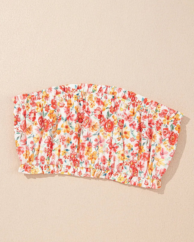 Boho Floral Bandeau Top and High Waist Wide Leg Pants Set