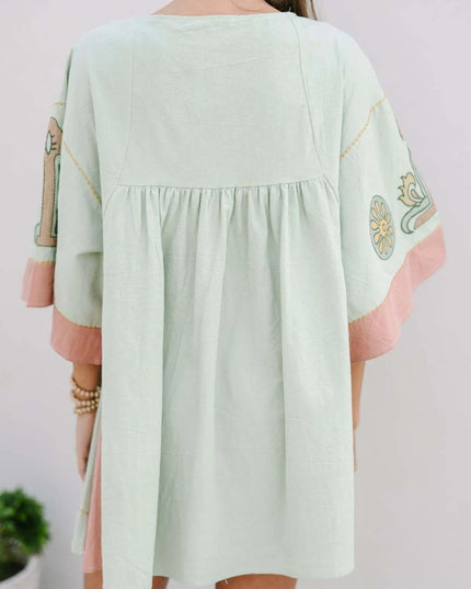 Printed V-Neck Kimono Sleeve Mini Dress