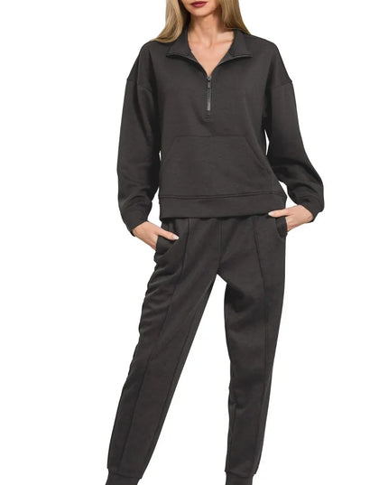 Zenana Scuba Half Zip Sweatshirt and Joggers Set BLACK