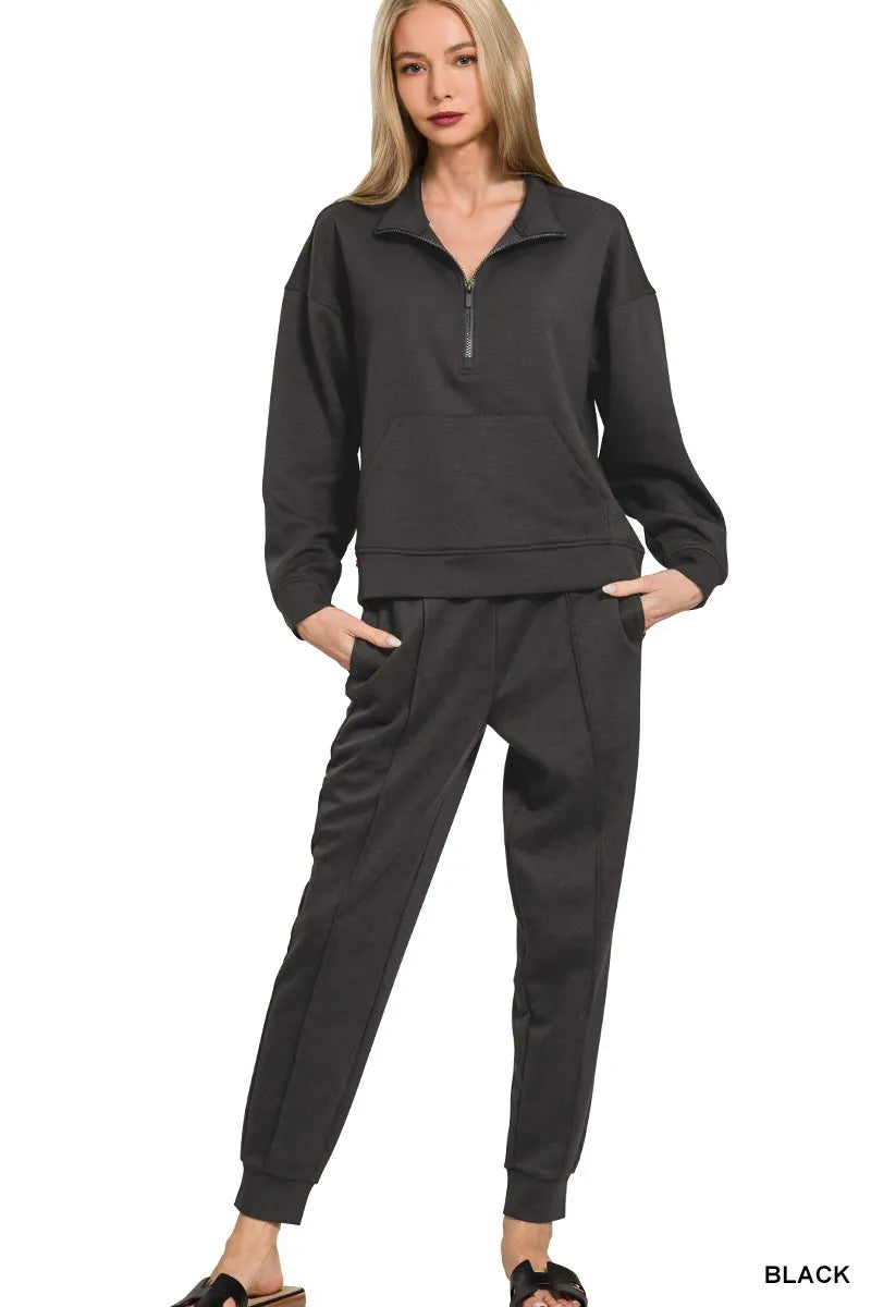 Zenana Scuba Half Zip Sweatshirt and Joggers Set BLACK