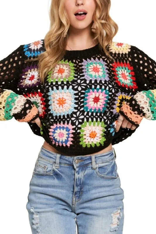 ADORA Lightweight Multi Color Crochet Top BLACK