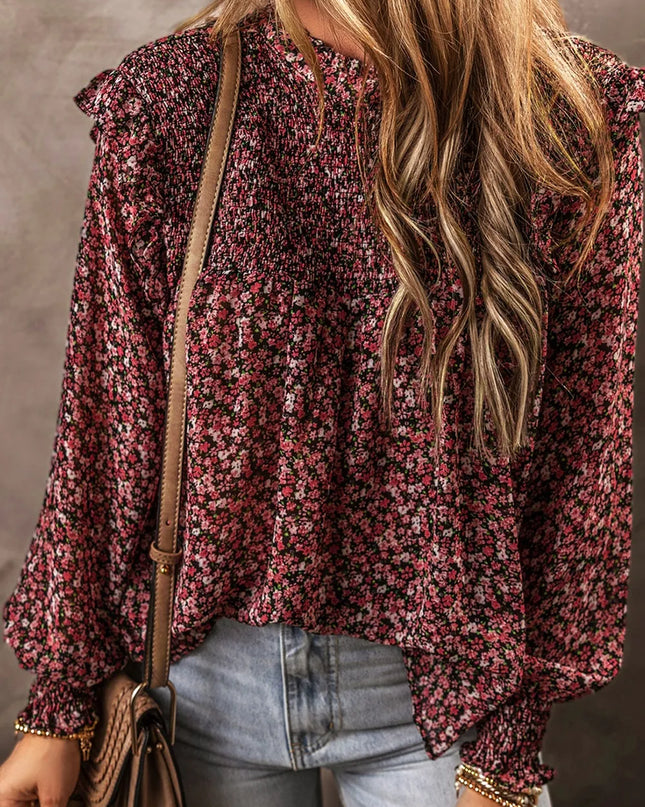 Ruffled Floral Waffle-Knit Blouse
