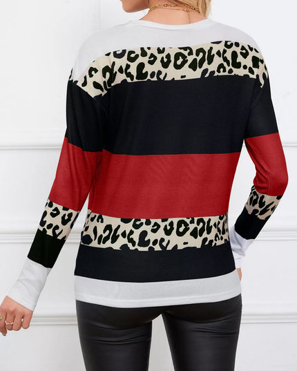 Leopard Color Block Striped Knit Top
