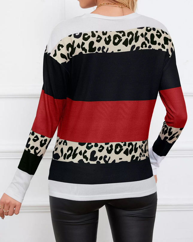 Leopard Color Block Striped Knit Top
