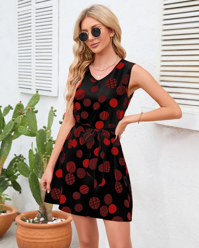 Tied Polka Dot V-Neck Dress Burgundy