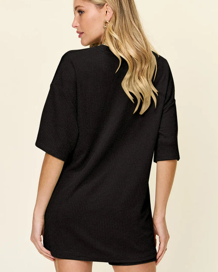 Double Take Full Size Texture Round Neck Drop Shoulder T-Shirt and Shorts Set 