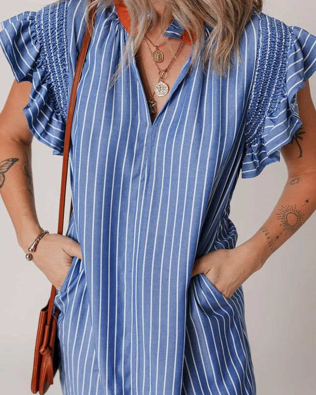 Stripe Frilly Split Neck Shirred Ruffle Sleeve Short Shift Dress