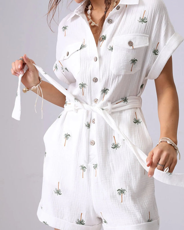Palm Tree Print Short Sleeve Button-Up Romper with Belt
