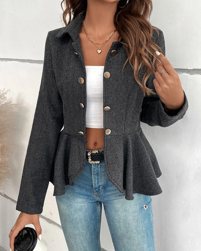Ruffle Hem Collared Blazer Dark Gray