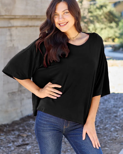 Basic Bae Bamboo Full Size Round Neck Drop Shoulder T-Shirt Black