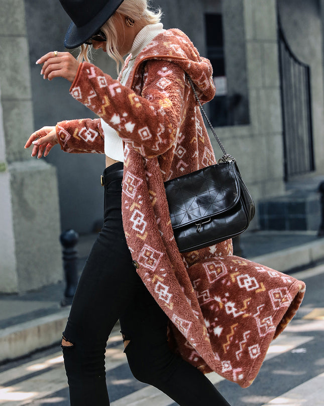 Geometric Button Down Hooded Fleece Coat