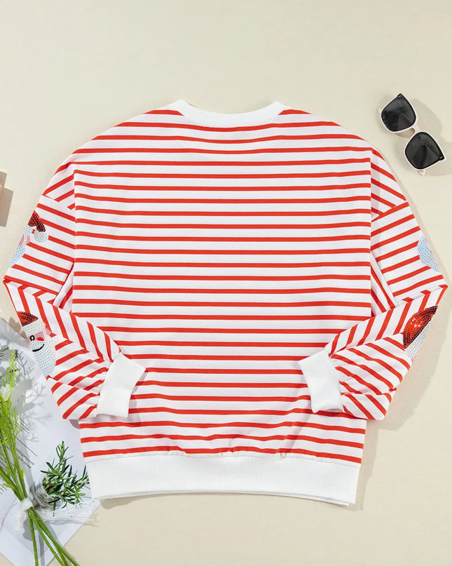 Sequin Santa Striped Round Neck Long Sleeve Sweatshirt