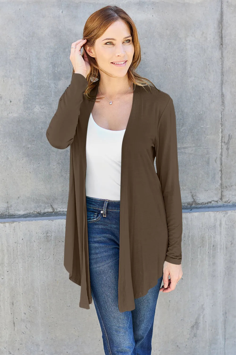 Basic Bae Full Size Open Front Long Sleeve Cardigan Brown