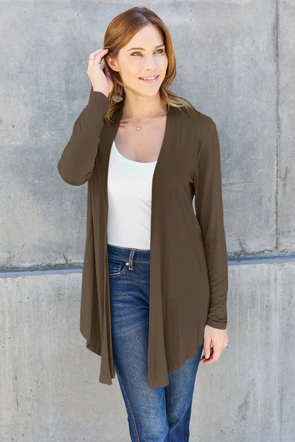 Basic Bae Full Size Open Front Long Sleeve Cardigan Brown