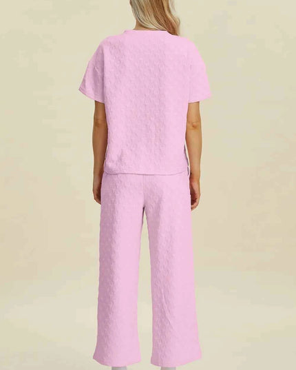 Double Take Full Size Texture Round Neck Short Sleeve Top and Pants Set