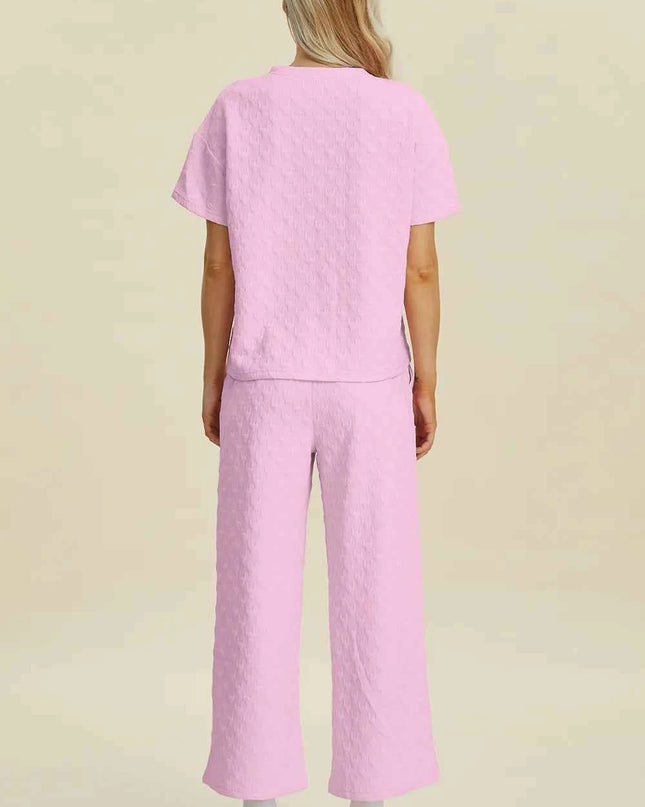 Double Take Full Size Texture Round Neck Short Sleeve Top and Pants Set