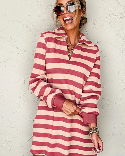 Contrast Striped Johnny Collar Long Sleeve Mini Dress