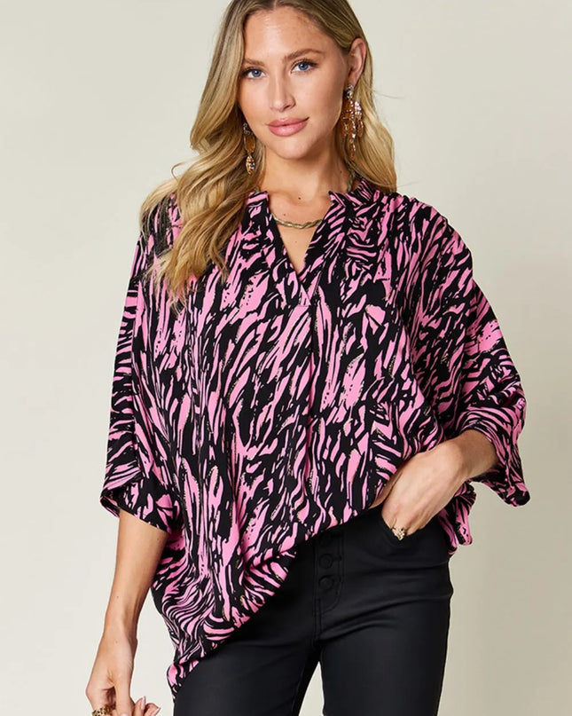 Double Take Full Size Printed Notched Three-Quarter Sleeve Blouse Pink