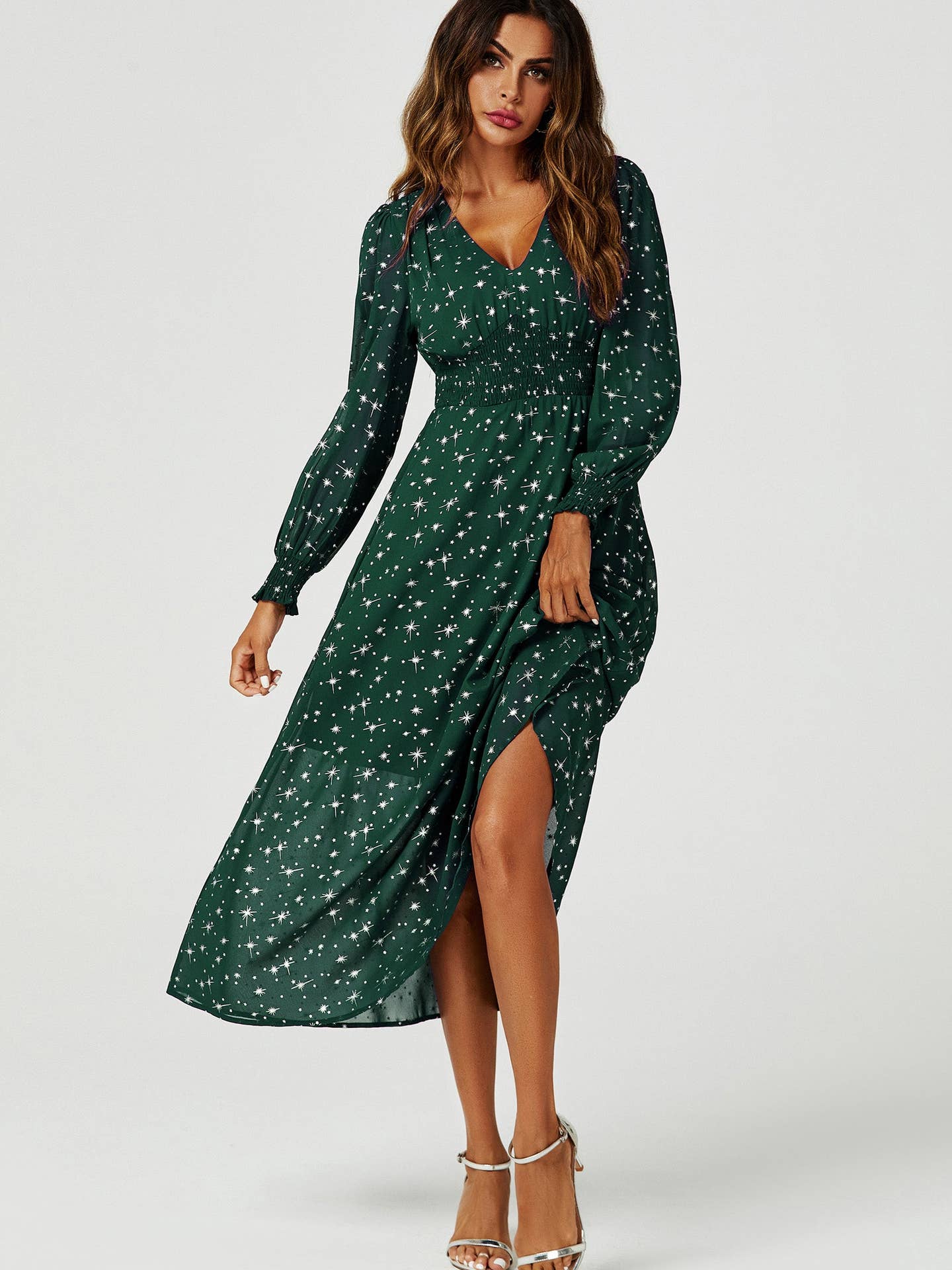 Silver Star Foil Long Sleeve Maxi Dress in Green Green