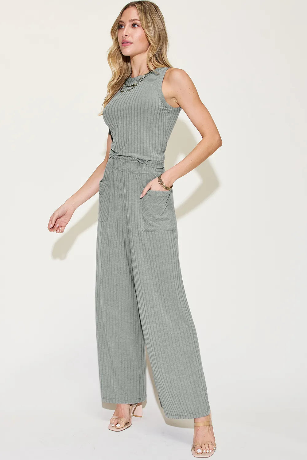 Basic Bae Full Size Ribbed Tank and Wide Leg Pants Set