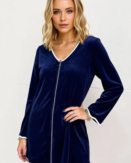 Double Take Wave Contrast Trim V-Neck Zip Up Long Sleeve Mini Dress Navy