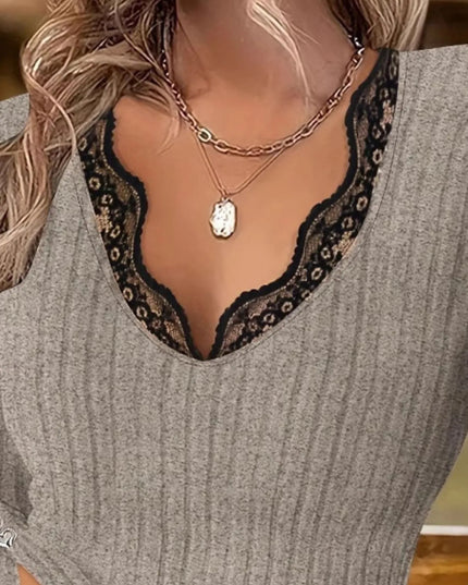Full Size Ribbed V-Neck Lace Trim Long Sleeve T-Shirt Plus Size