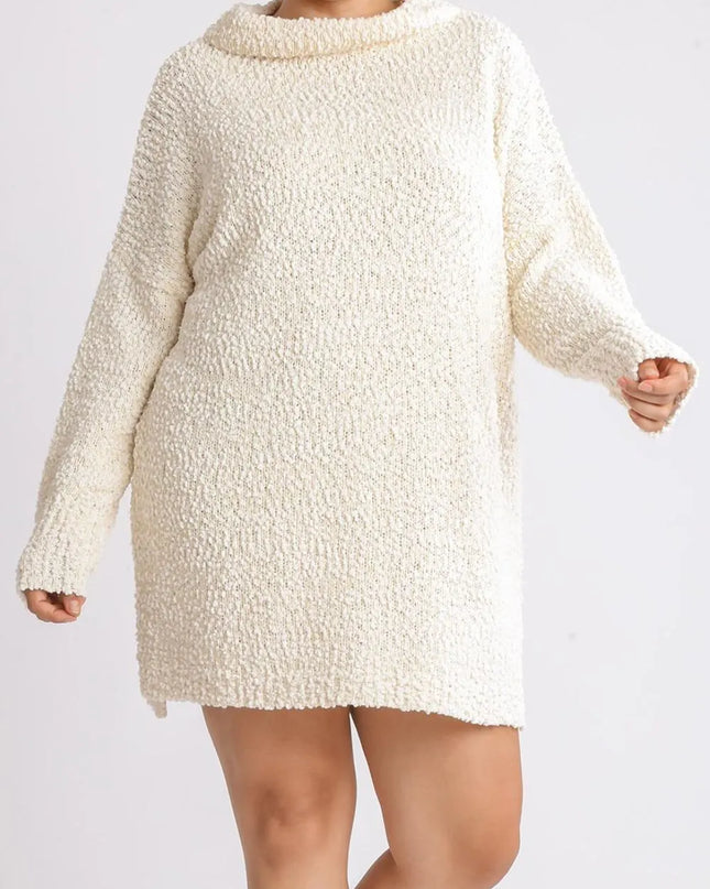 Umgee Full Size High Low Long Sleeve Boucle Sweater Dress Plus Size