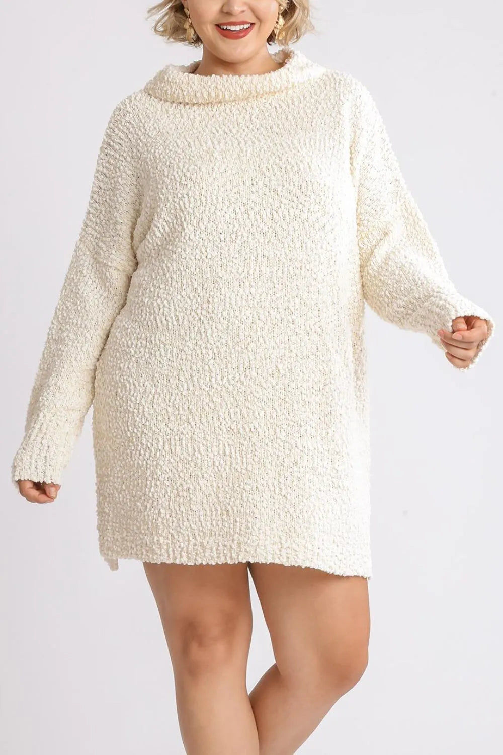 Umgee Full Size High Low Long Sleeve Boucle Sweater Dress Plus Size