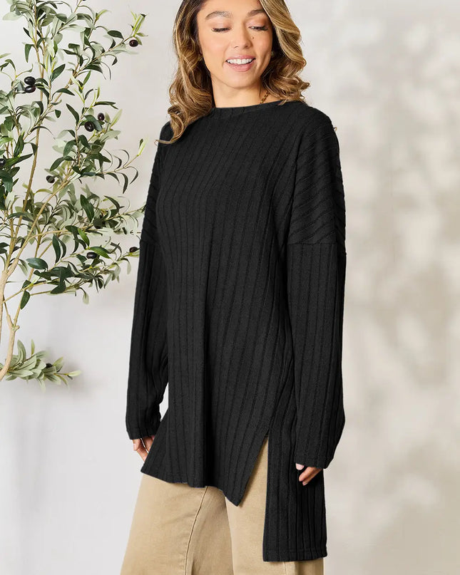 Basic Bae Full Size Ribbed Round Neck Long Sleeve Slit Top