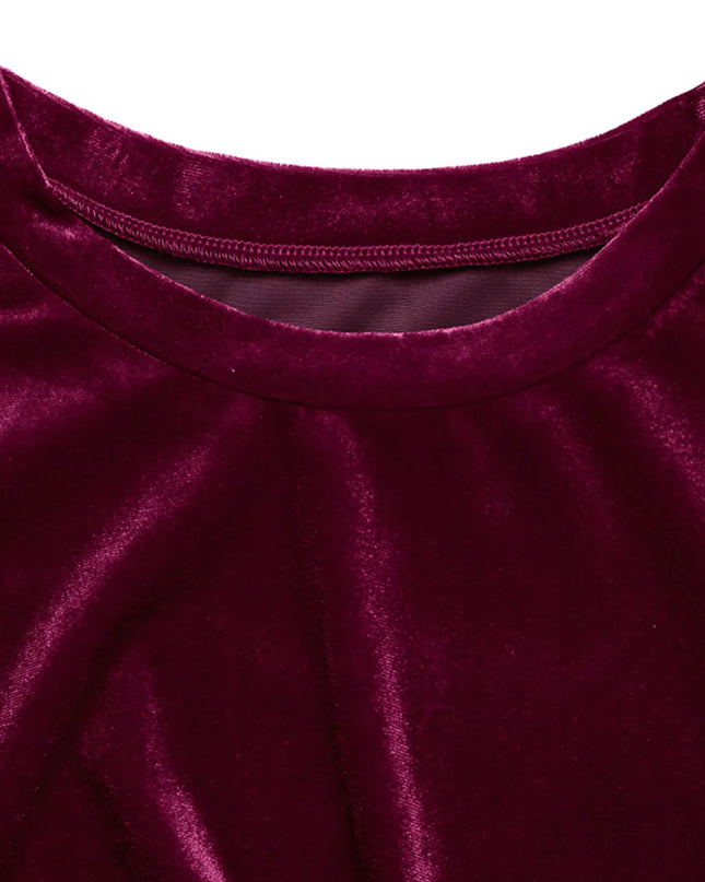 Velvet Slit Round Neck Long Sleeve Dress with Side Tie Detail