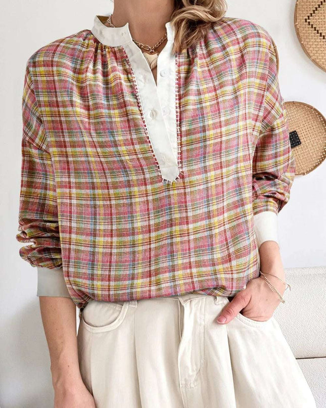 Mulit-Color Plaid Round Neck Long Sleeve Blouse Dusty Pink