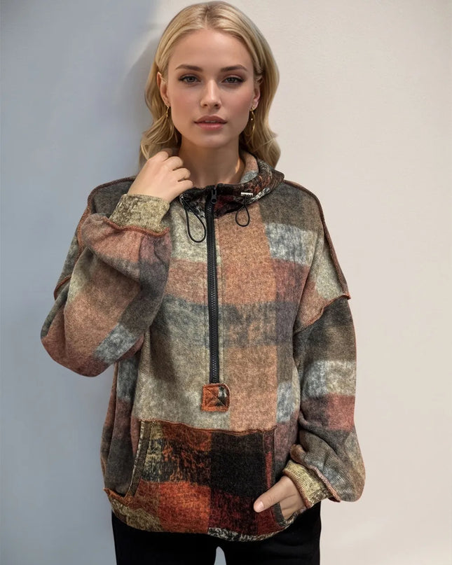 Double Take Full Size Half Zip Exposed Seam Fleece Hoodie Tangerine