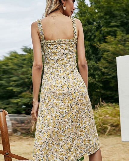 Shiny Floral Frill Trim Sleeveless Dress