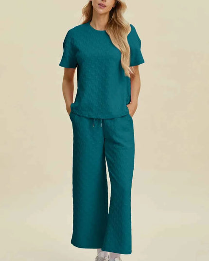 Double Take Full Size Texture Round Neck Short Sleeve Top and Pants Set