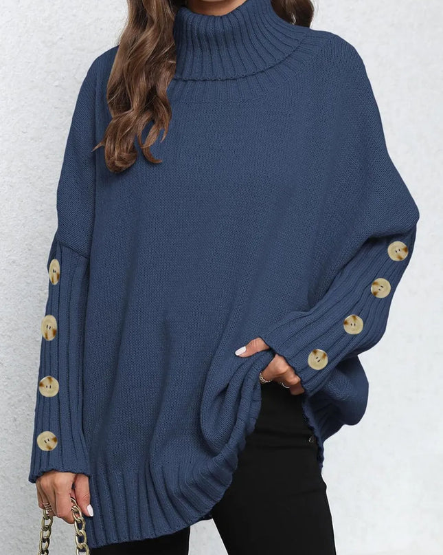 Turtleneck Long Sleeve Sweater Dark Blue One Size