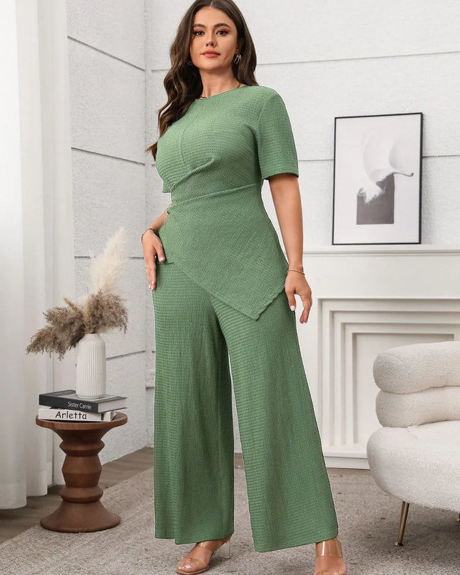 Plus Size Asymmetrical Round Neck Short Sleeve Top and Pants Set
