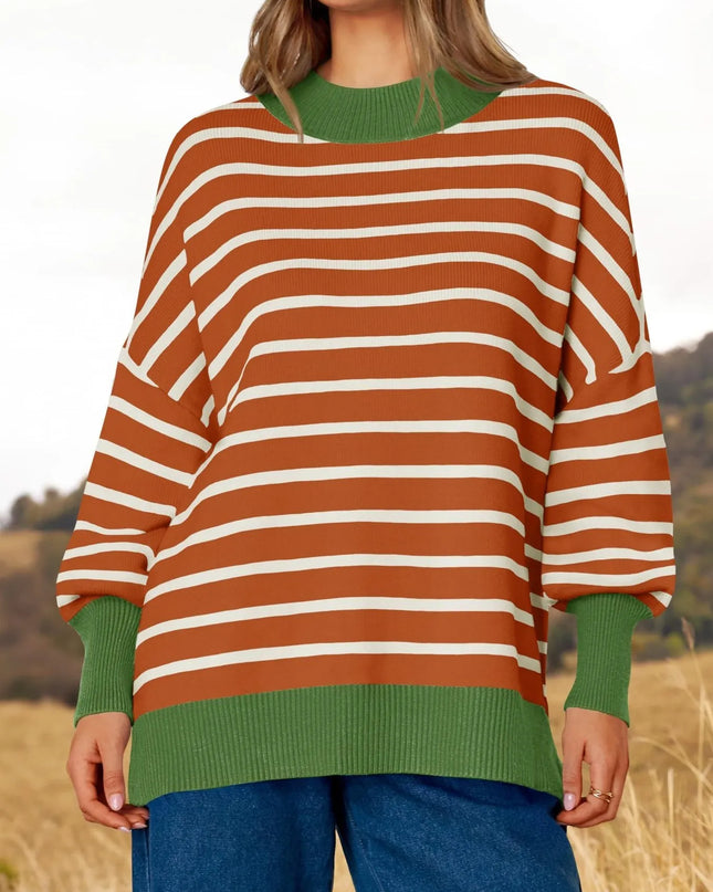 Striped Round Neck Long Sleeve Sweater Terracotta
