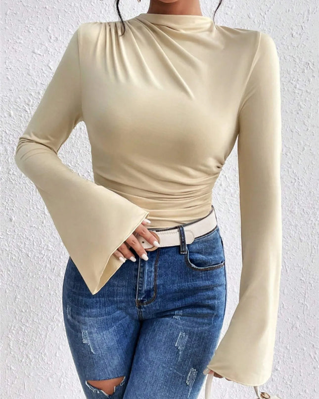 Bell Sleeve Ruched Fitted T-Shirt with Mock Neck