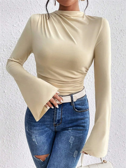 Bell Sleeve Ruched Fitted T-Shirt with Mock Neck
