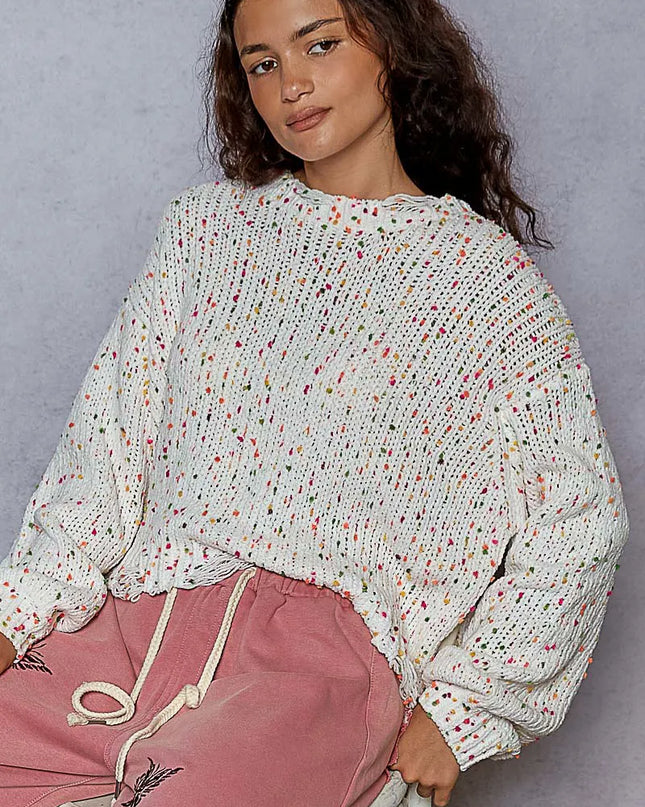 POL Round Neck Fringed Hem Sweater