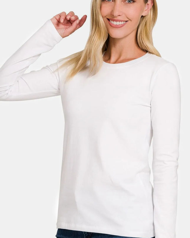 Zenana Full Size Solid Color Round Neck Long Sleeve T-Shirt White