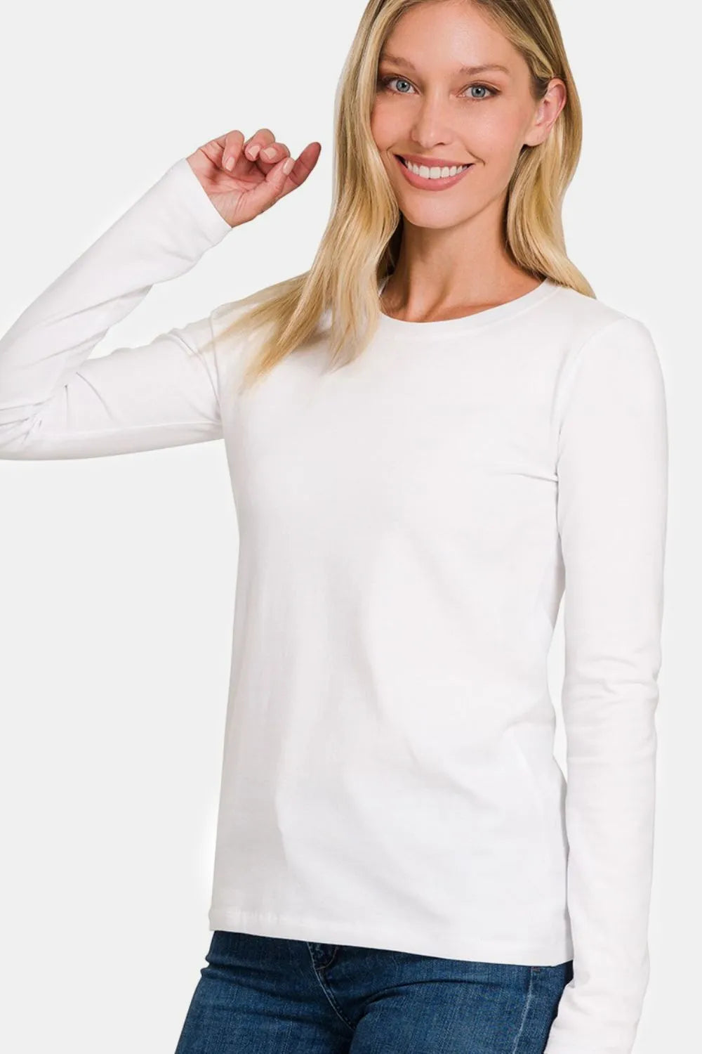 Zenana Full Size Solid Color Round Neck Long Sleeve T-Shirt White