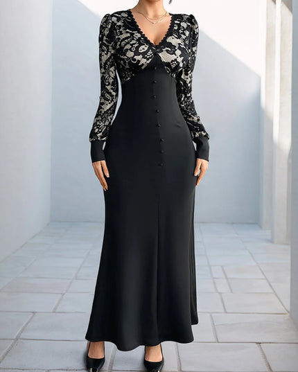 Lace V-Neck Long Sleeve Maxi Dress